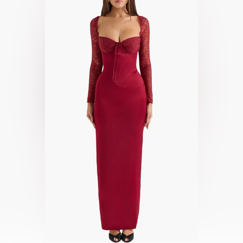 House of CB “Perdi” Burgundy Berry Satin Long Sleeve Dress